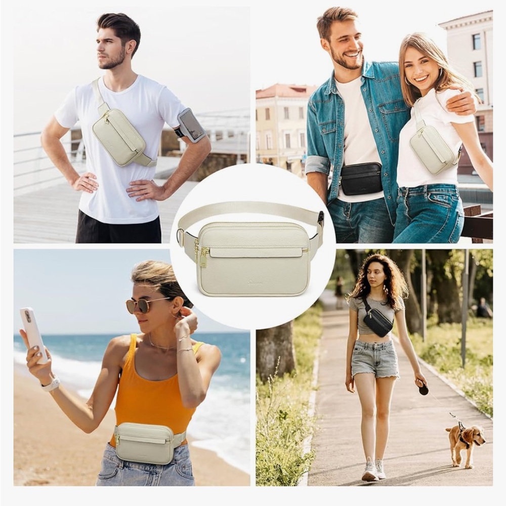 S-Zone Genuine Leather RFID Blocking Fanny Pack in Off White/Cream. - Picture 12 of 14